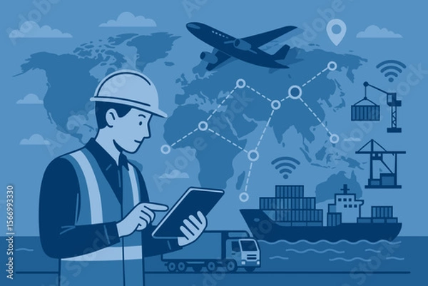 Fototapeta Logistics manager using tablet for smart supply chain management, global import export, cargo ship, container transport, air freight, network distribution, intelligent transportation system