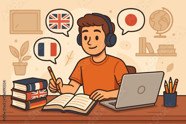 Fototapeta Young man learning multiple languages at desk with books, laptop, headphones, speech bubbles with flags, international education, language study, online course, multicultural classroom vector