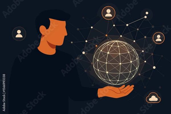 Fototapeta Businessman holding a glowing global network. Concept of digital marketing, data exchange, cloud computing, and customer connection. Worldwide business communication and technology.