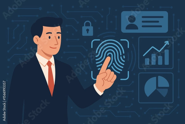 Fototapeta Biometric security concept. Businessman touching fingerprint scanner for identity authentication. Secure data access, cybersecurity, network protection, and user ID on a futuristic dashboard.
