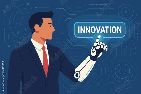Fototapeta Businessman with mechanical robotic arm touching innovation button on virtual interface. Futuristic technology, AI, digital transformation, business automation, and cyborg concept.