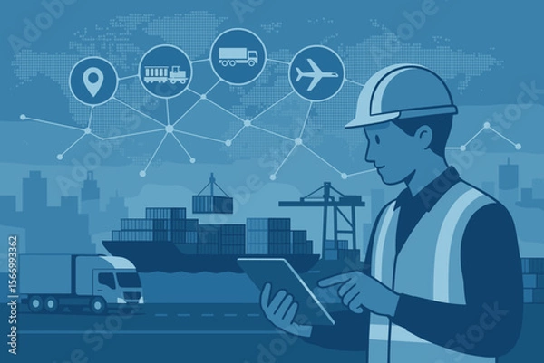 Fototapeta Logistics manager using tablet for smart supply chain management, global distribution network, cargo ship, freight transport, import export, container shipping, intelligent logistics technology