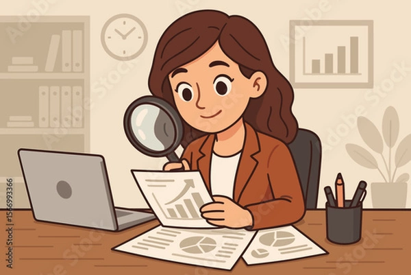 Fototapeta Businesswoman analyzing financial documents with magnifying glass at office desk, cartoon vector illustration. Audit, research, data analysis, report review, professional workplace concept