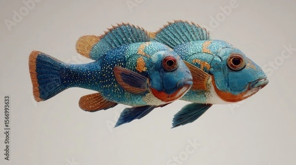Obraz Two detailed colorful fish in close up against solid background