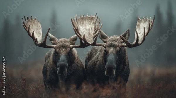 Obraz Two moose with large antlers in a forest environment