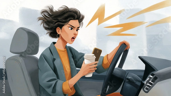 Fototapeta Driver in Traffic Jam with GPS Delay and Coffee Cup