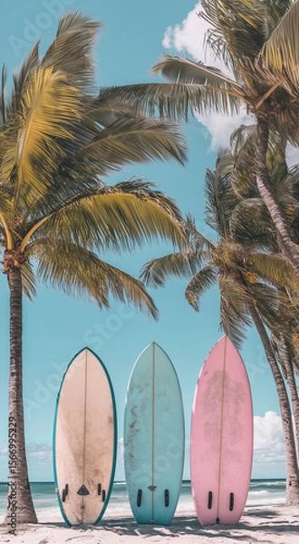 Fototapeta A photo of pastel-colored surfboards leaning against palm trees on the beach, with soft tones