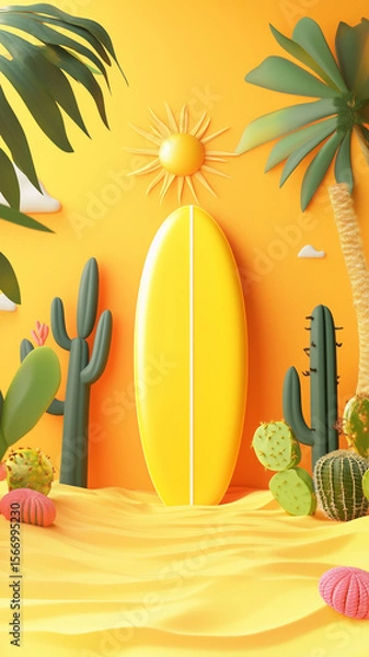 Fototapeta 3D cartoon, surfboard and sun, cute, yellow background, matte plastic surfaces, cacti and palm trees