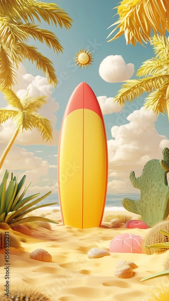 Fototapeta 3D cartoon, surfboard and sun, cute, yellow background, matte plastic surfaces, cacti and palm trees