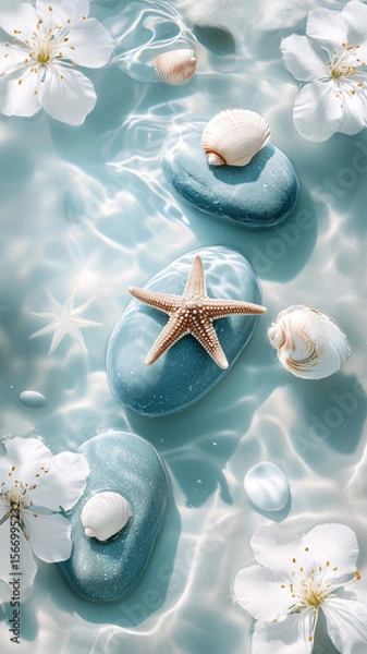Fototapeta Seashells, starfish, and pearls on the beach, wallpaper 