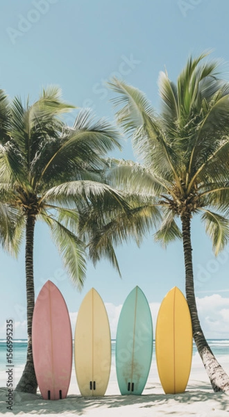 Fototapeta A photo of pastel-colored surfboards leaning against palm trees on the beach, with soft tones