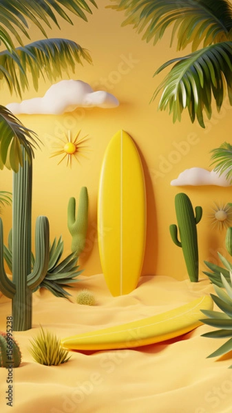 Fototapeta 3D cartoon, surfboard and sun, cute, yellow background, matte plastic surfaces, cacti and palm trees
