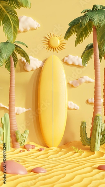 Fototapeta 3D cartoon, surfboard and sun, cute, yellow background, matte plastic surfaces, cacti and palm trees