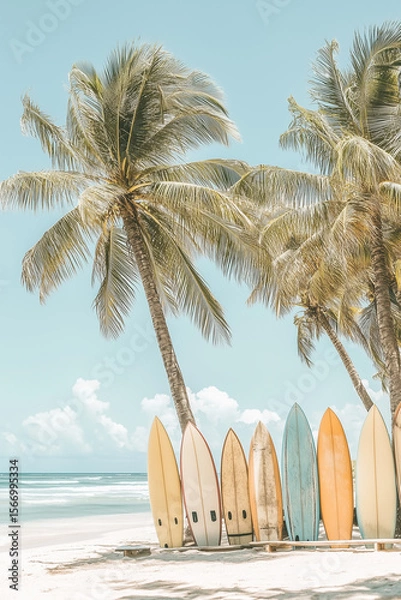 Fototapeta A photo of pastel-colored surfboards leaning against palm trees on the beach, with soft tones