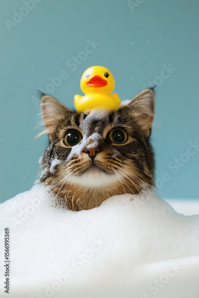 Fototapeta A cat in the bathtub with soap suds on its fur. There is a yellow rubber ducky sitting above its head