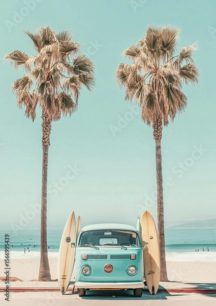 Fototapeta A vintage surf van with a surfboard leaning against it, two palm trees on the beach in California, a pastel blue sky, a mid-century modern aesthetic