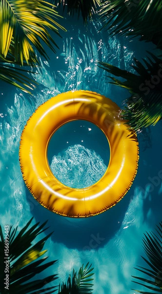 Fototapeta A yellow inflatable ring floating on the water, surrounded by palm leaves and sunlight reflections, with a blue background