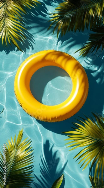 Fototapeta A yellow inflatable ring floating on the water, surrounded by palm leaves and sunlight reflections, with a blue background