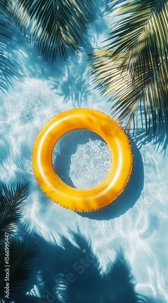 Fototapeta A yellow inflatable ring floating on the water, surrounded by palm leaves and sunlight reflections, with a blue background