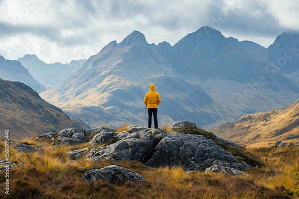 Fototapeta Adventurous hiker in a vibrant yellow jacket captures breathtaking mountain vista background