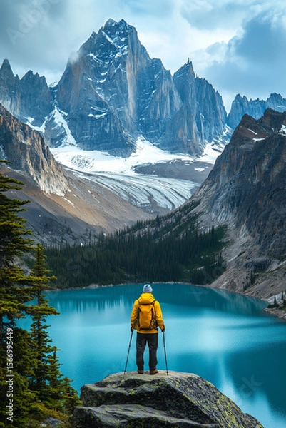 Fototapeta Adventurous hiker in a vibrant yellow jacket captures breathtaking mountain vista background