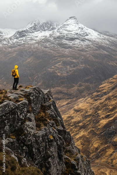 Fototapeta Adventurous hiker in a vibrant yellow jacket captures breathtaking mountain vista background