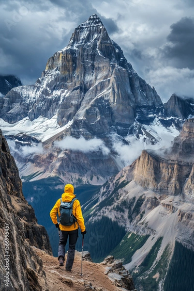 Fototapeta Adventurous hiker in a vibrant yellow jacket captures breathtaking mountain vista background