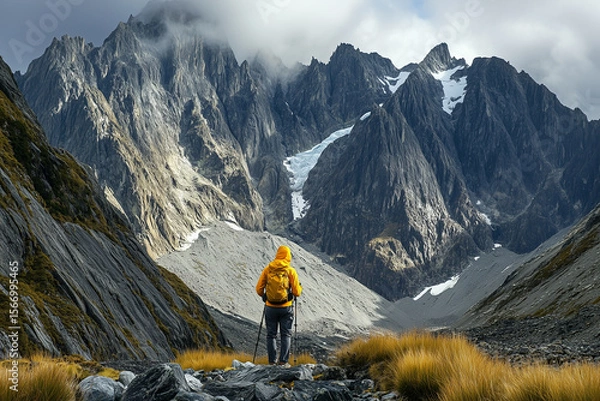 Fototapeta Adventurous hiker in a vibrant yellow jacket captures breathtaking mountain vista background