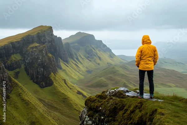 Fototapeta Adventurous hiker in a vibrant yellow jacket captures breathtaking mountain vista background