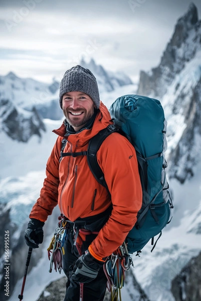 Fototapeta Adventurous hiker in a vibrant yellow jacket captures breathtaking mountain vista background