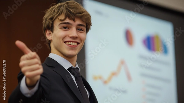 Obraz Happy young business man giving a presentation in a meeting room, pointing at a chart with confidence, professional setting