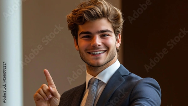 Obraz Happy young business man giving a presentation in a meeting room, pointing at a chart with confidence, professional setting