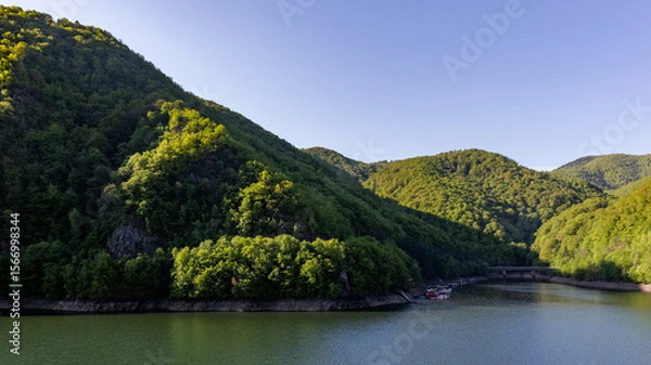Obraz Lakeside view of Tarnita Lake with bridge and surrounding forest in Romania