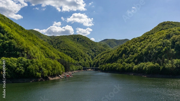 Obraz View of Tarnita Lake with surrounding hills and forest in Romania