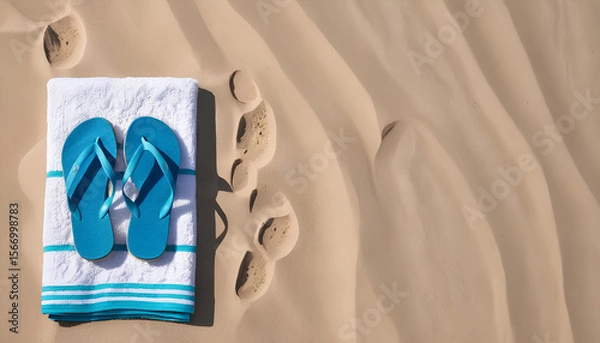 Fototapeta Flip-Flops and Towel on Sandy Beach with Footprints – Summer Vacation Concept
