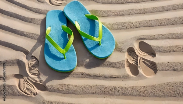 Fototapeta Flip-Flops and Towel on Sandy Beach with Footprints – Summer Vacation Concept