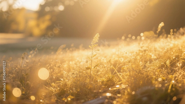 Fototapeta Warm sunlight bathes a grassy field, creating a serene and golden landscape with bokeh effects.
