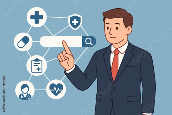 Fototapeta Businessman searching online for healthcare and medical insurance. Man using a digital network to find a doctor, hospital, and medicine. Health technology and telemedicine concept vector.