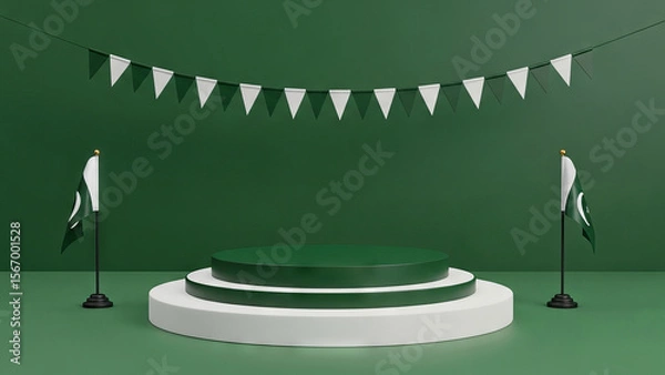 Fototapeta  Pakistan Independence Day Podium with Flags and Bunting - 3D Render Background