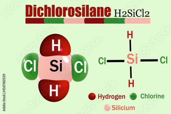 Obraz A 3D illustration of the Dichlorosilane (DCS) molecule, with the formula H₂SiCl₂. It is a flammable and toxic gas with a strong, unpleasant smell and can be dangerous if inhaled or exposed to heat.
