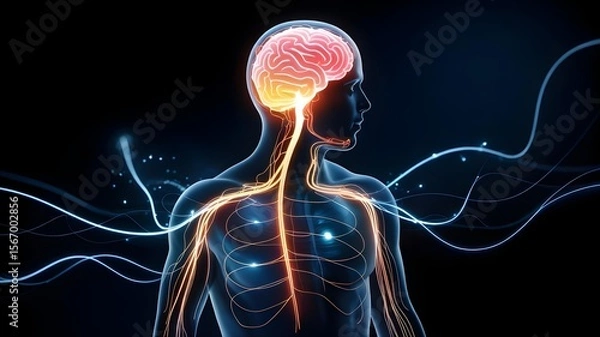 Fototapeta Stylized Glowing Nervous System in Human Silhouette – Minimal Design with Ethereal Energy on Dark Background