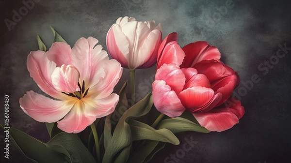 Obraz Wallpaper-style floral artwork with realistic botanical rendering of tulips and peonies, lush textures, dark atmospheric background