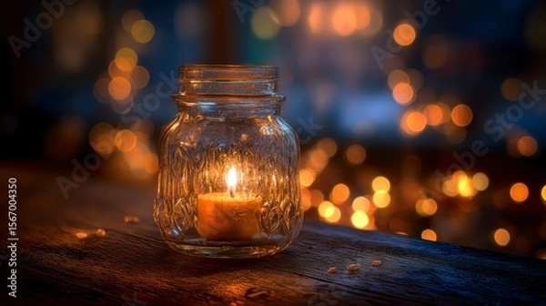 Obraz Warm candlelight in glass jar