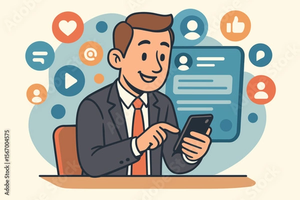 Fototapeta Businessman working online with a mobile phone. Social media marketing concept. Man using smartphone for business communication, networking, SMM, content strategy and engagement.