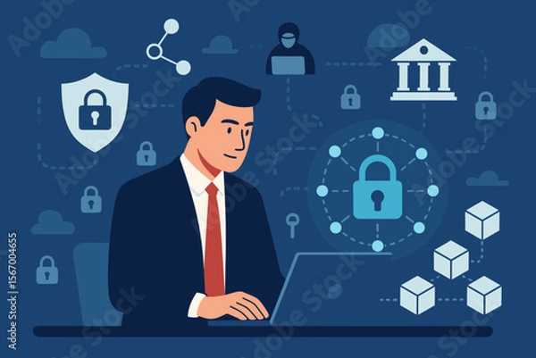 Fototapeta Cyber security concept. Businessman with laptop protecting network from cyber attacks. Blockchain technology and financial data privacy. Encryption and secure banking metaphor illustration.
