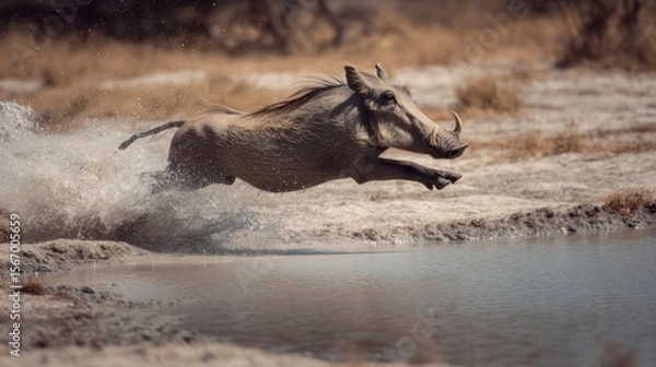 Obraz Warthog in mid air running across a body of water wildlife photography