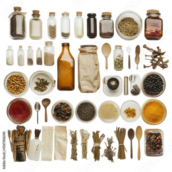 Fototapeta A Colorful Array of Spices and Ingredients in Glass Jars and Bowls on a Neutral Background on transparent background