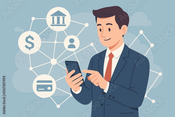 Fototapeta Fintech and mobile banking concept. Businessman using smartphone app for online payment, money transfer, and financial management. Digital technology network with business icons.