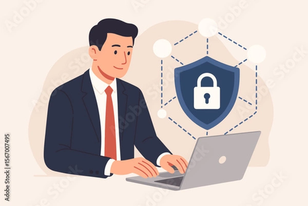Fototapeta Businessman using laptop for network security. Concept of data protection, internet privacy, and cybersecurity. Shield and padlock guard against cyber attacks. Corporate safety. VPN.