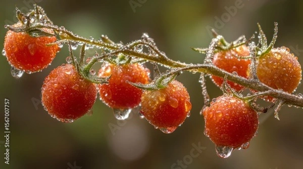 Obraz Wet red cherry tomatoes on vine